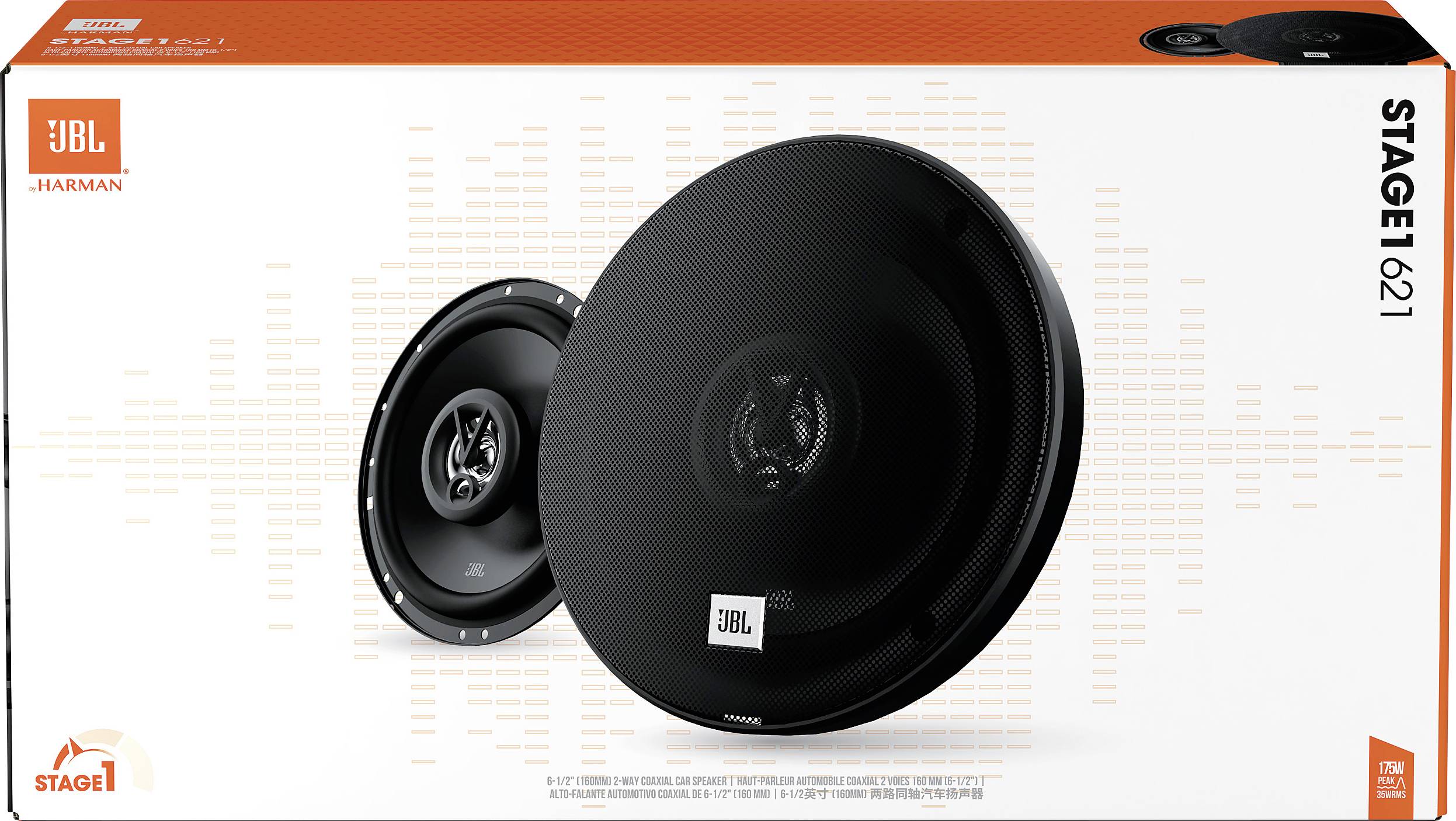 Dwa czarne głośniki JBL na białym tle z pomarańczowym logo JBL. Opakowanie produktowe głośników JBL Stage 621.