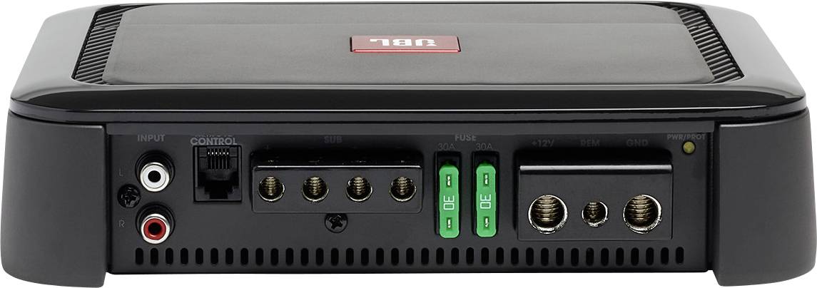 Czarny wzmacniacz audio widziany od tyłu z różnymi złączami wejściowymi, w tym gniazda RCA, złącze RJ-11 oraz zaciski głośnikowe.