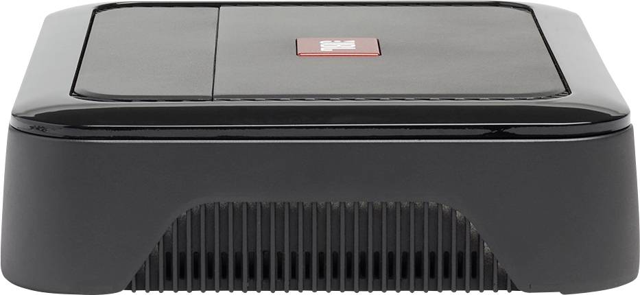 Czarny, prostokątny sprzęt elektroniczny z otworami wentylacyjnymi z przodu i czerwonym logo na górnej powierzchni.