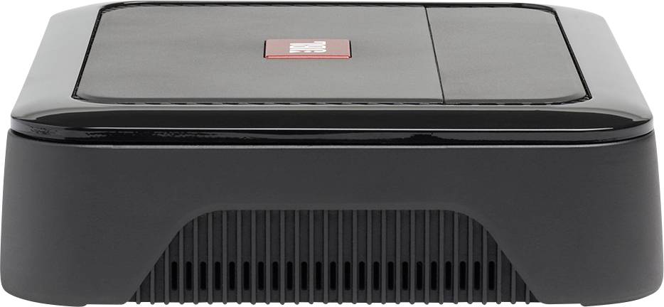 Prostokątny, czarny, zamknięty pojemnik z czerwonym logo pośrodku pokrywy.