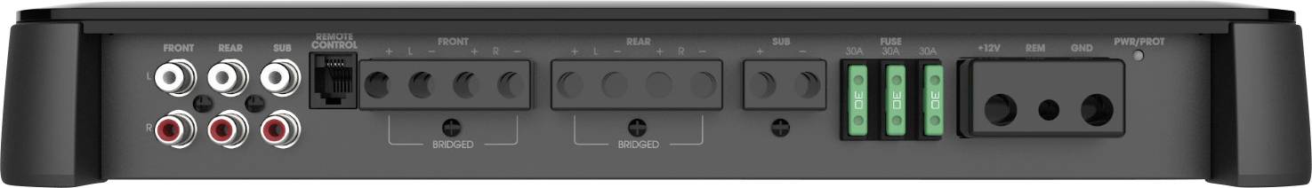 Tylna ściana wzmacniacza audio z gniazdami i regulatorami; po prawej stronie cztery gniazda głośnikowe, po lewej wejścia RCA.