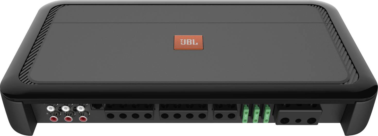 Czarny wzmacniacz JBL z wieloma wejściami i wyjściami, odpowiedni do stosowania w systemach audio.
