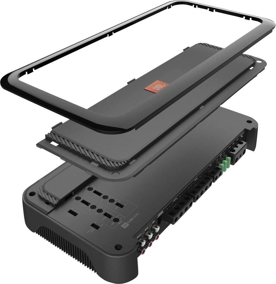 Rozłożony na części czarny wzmacniacz audio z widocznymi złączami i komponentami.