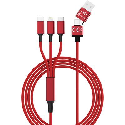 Czerwony kabel ładujący z czterema różnymi złączami: USB-C, Lightning, Micro-USB i USB-A. Idealny do różnych urządzeń.