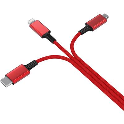 Trzy czerwone kable z różnymi złączami: USB-C, Lightning oraz Micro-USB. Odpowiednie dla wielu typów urządzeń.