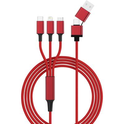 Czerwona ładowarka z czterema złączami: USB-C, Lightning, Micro-USB i USB-A. Odpowiednia do ładowania różnych urządzeń.
