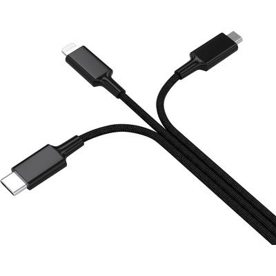 Trzy połączone ze sobą kable ładujące: USB-C, Micro-USB i Lightning. Czarne, o splocie tekstylnym, na białym tle.