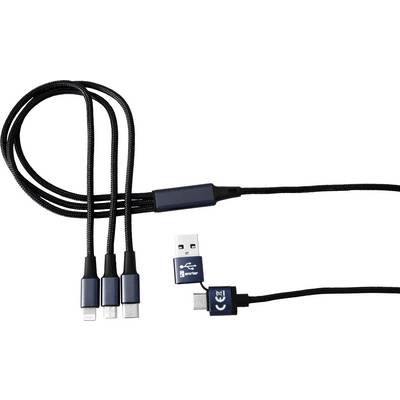 Potrójny kabel USB do ładowania z wejściami Lightning, USB-C i Micro-USB oraz wejściem USB do zasilania.