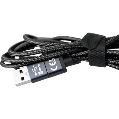 Kabel USB z czarną, materiałową osłoną i widocznymi złączami, związane rzepem.