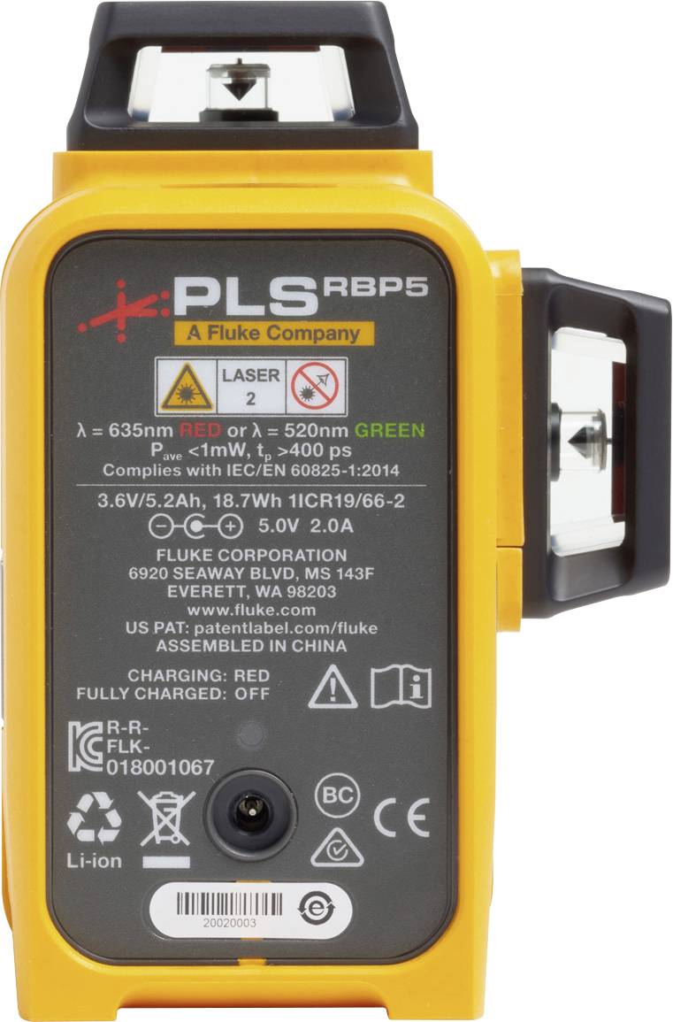 Elektroniczne urządzenie pomiarowe z żółtą obudową. Nadruk: 'PLS RBP5', oznaczenia laserowe i ostrzeżenia.