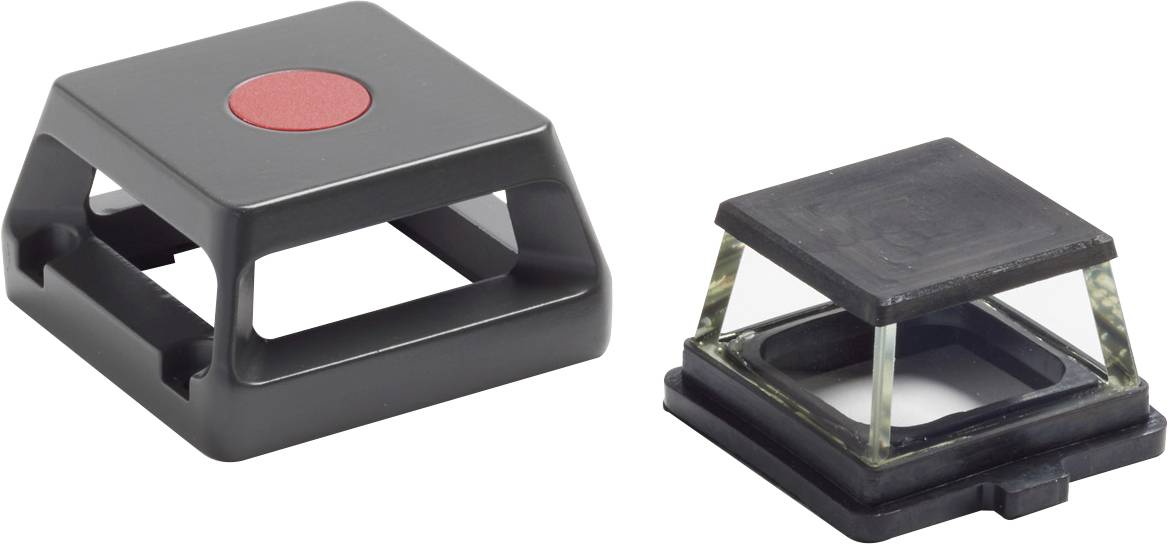 Dwie kwadratowe części z tworzywa sztucznego, które można ułożyć jedna na drugiej. Górna część posiada czerwone oznaczenia.