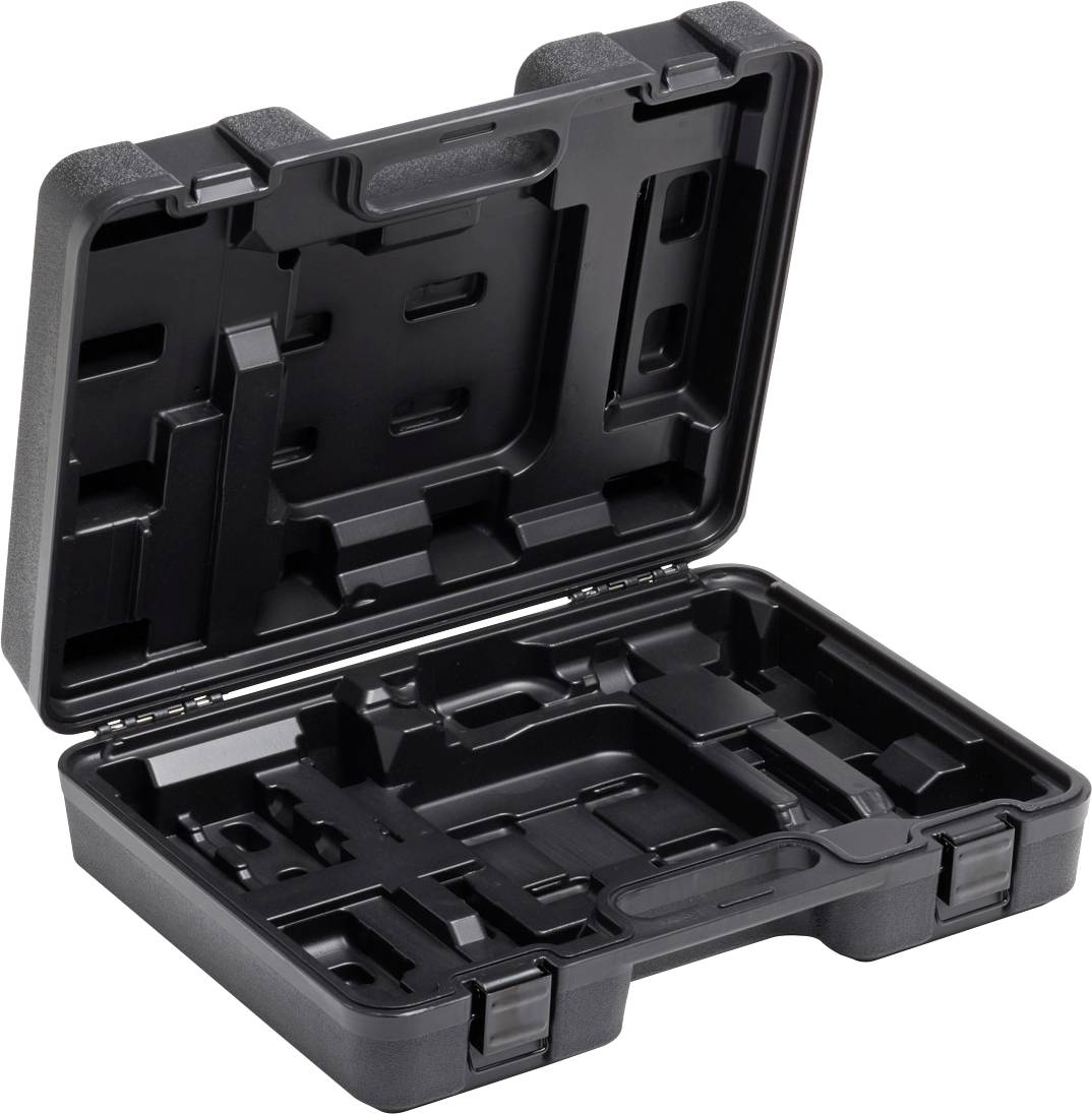 Otwarty czarny plastikowy kufer z przegródkami na narzędzia.