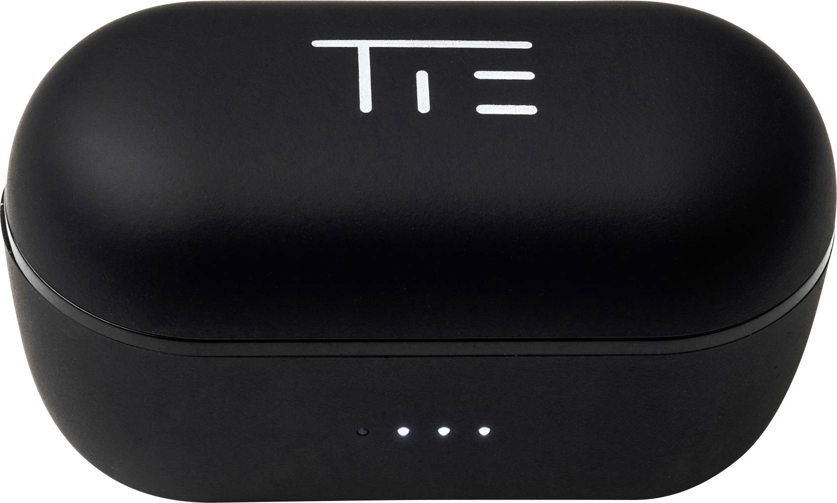 Czarne etui z białym logo i trzema świecącymi diodami LED z przodu wskazuje stan naładowania.