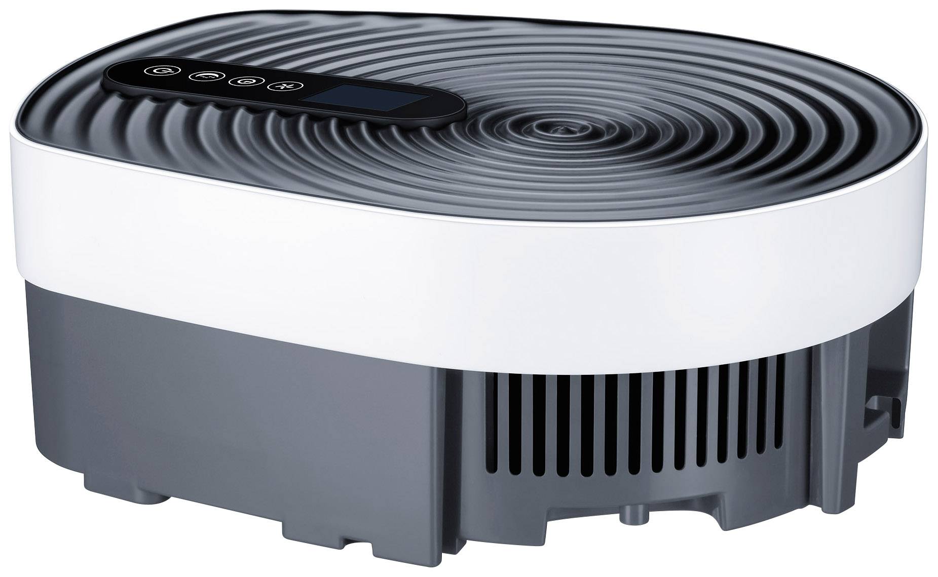 Osuszacz powietrza z wyświetlaczem cyfrowym i czterema przyciskami sterującymi, o prostokątnym kształcie w kolorach białym i czarnym, przeznaczony do użytku wewnątrz pomieszczeń.