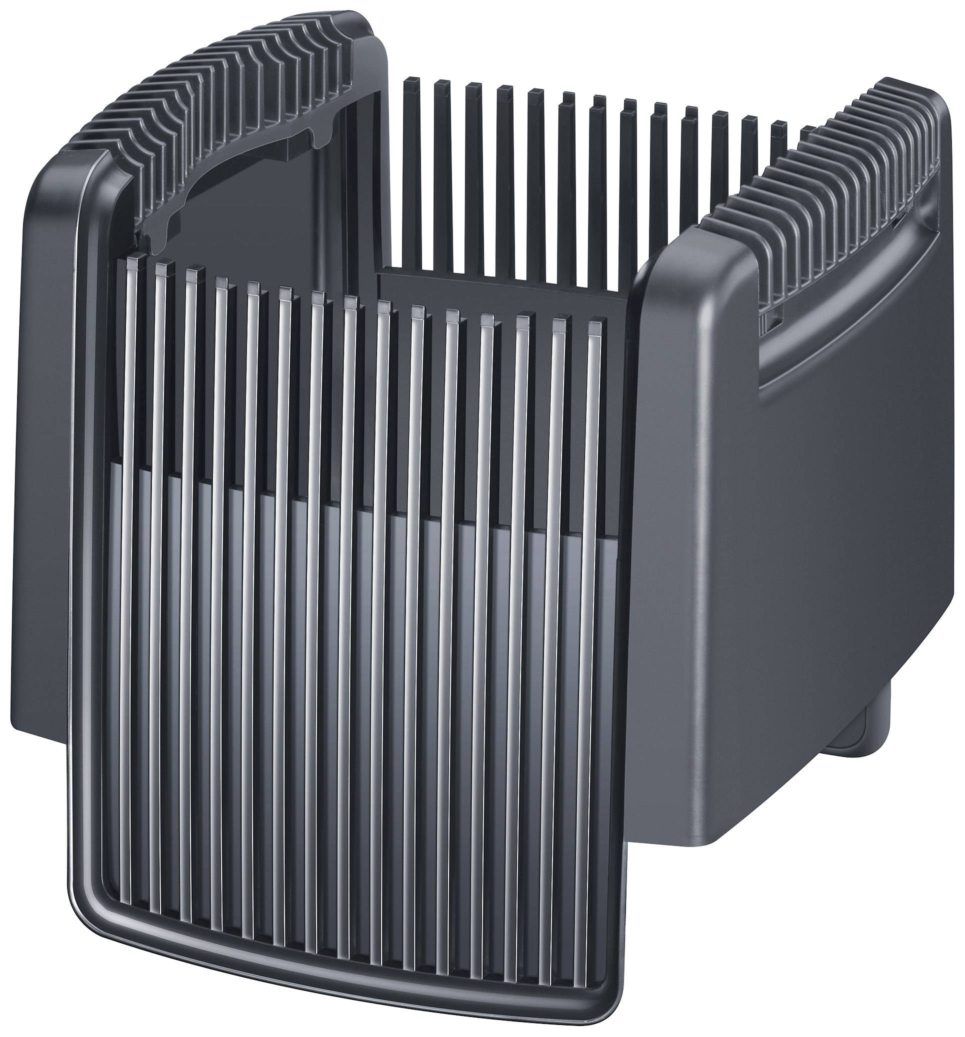 Szary, prostokątny element plastikowy z pionowymi żebrami, prawdopodobnie pokrywa lub element ochronny urządzenia elektronicznego.