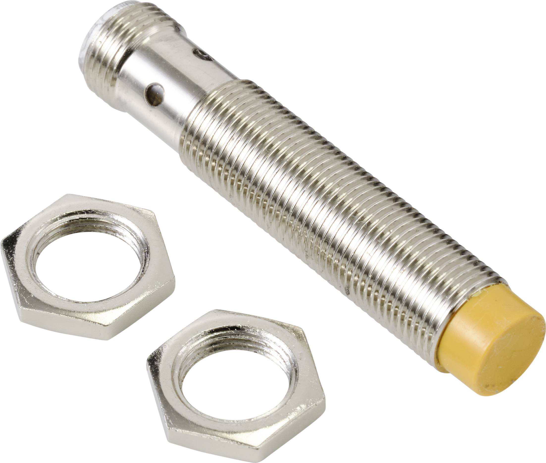 Cylindryczny metalowy cylinder o żebrowanej powierzchni z pomarańczowym czubkiem, obok niego dwie sześciokątne nakrętki.