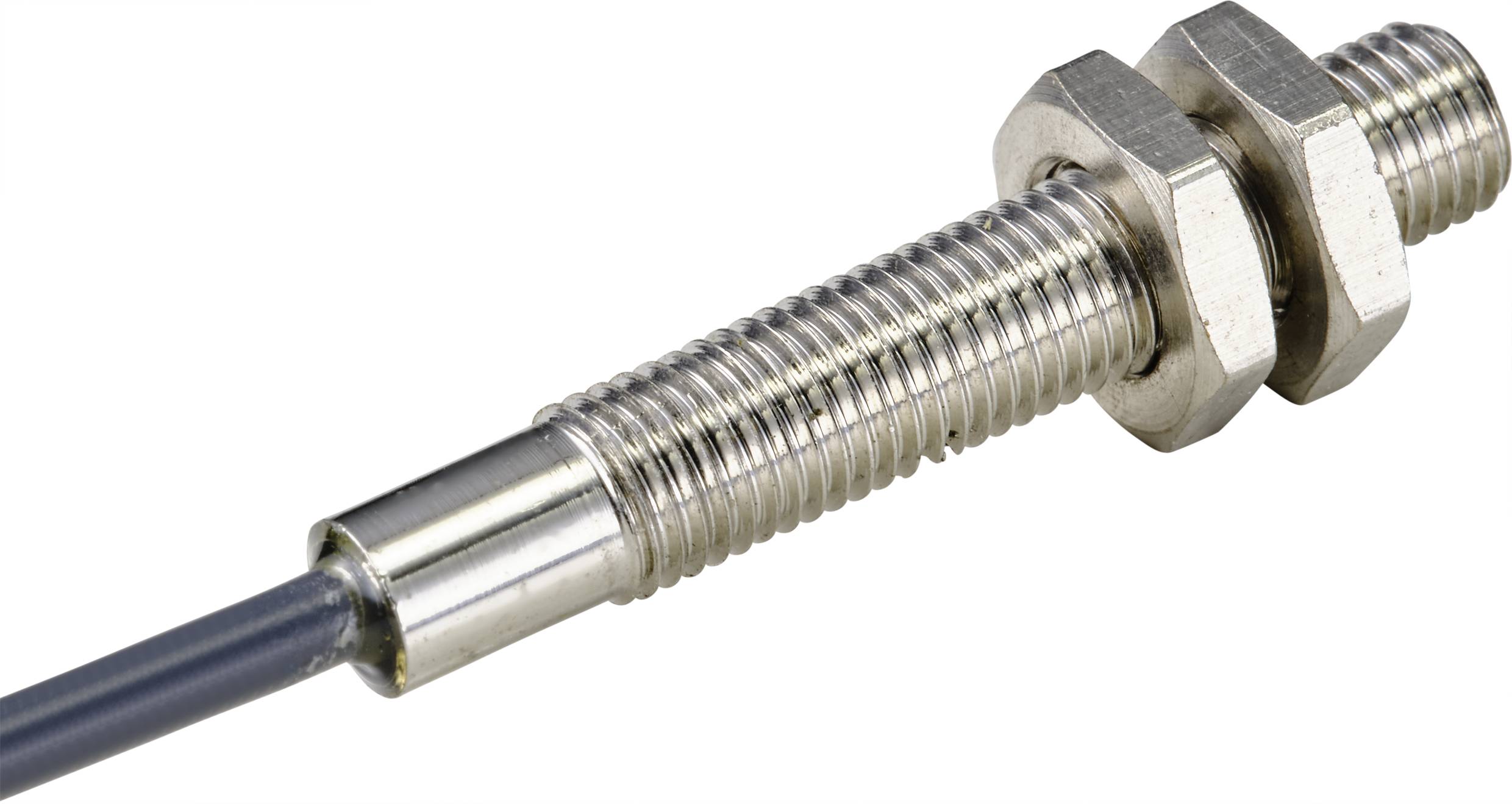 Okrągły metalowy czujnik z długim gwintem i dwiema nakrętkami, odpowiedni do precyzyjnych pomiarów temperatury w zastosowaniach technicznych.