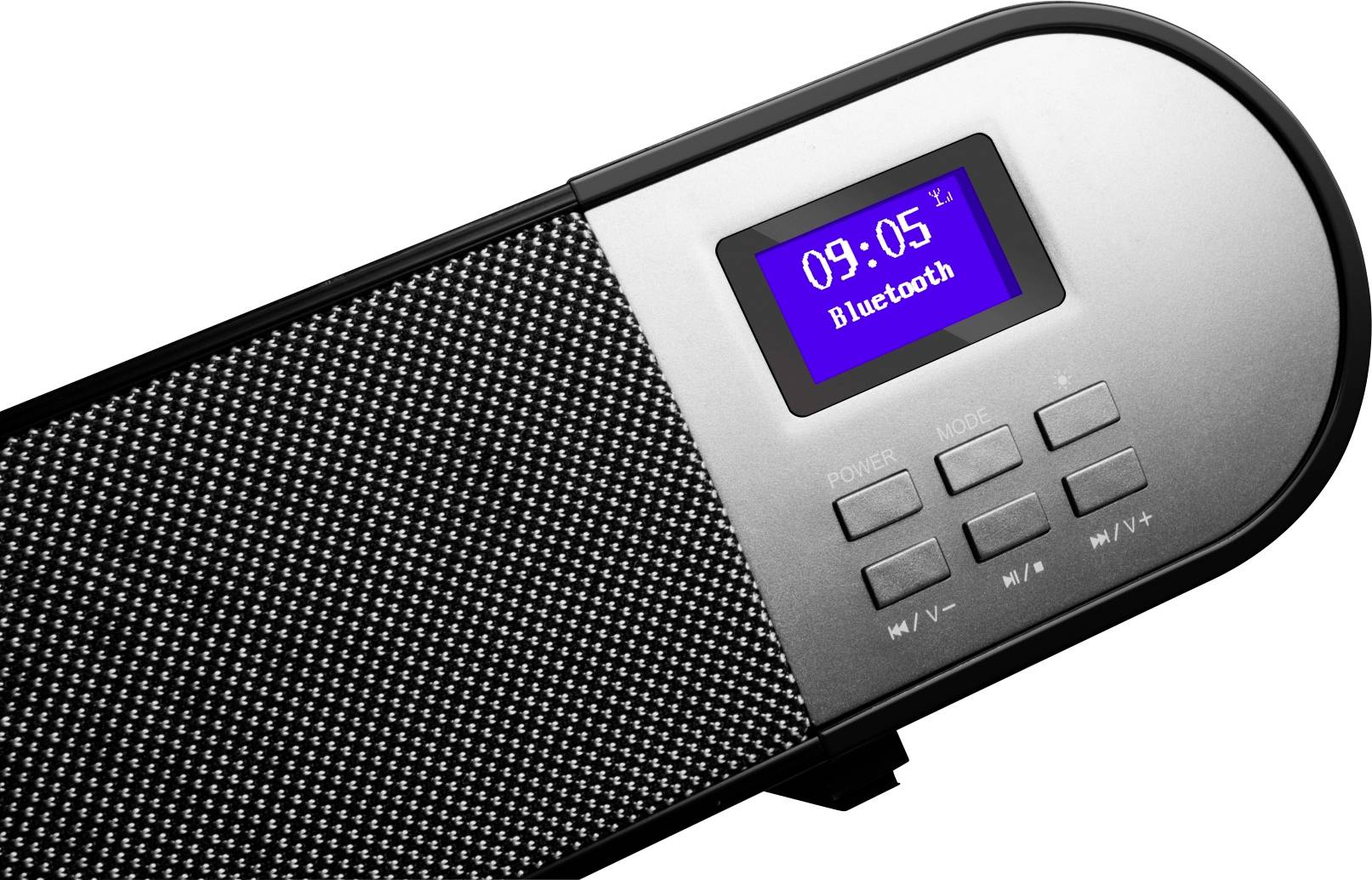 Głośnik Bluetooth z wyświetlaczem cyfrowym. Wyświetla godzinę '09:05' oraz połączenie Bluetooth. Przyciski sterujące zasilaniem i głośnością.