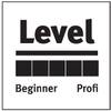 Czarno-biała grafika przedstawia napis 'Poziom' ze skalą czterech pustych kwadratów. Po lewej stronie 'Początkujący', po prawej 'Profesjonalista'.