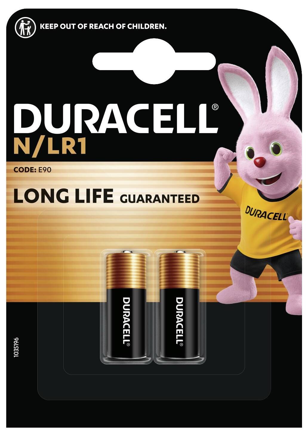 'Opakowanie baterii DURACELL N/LR1 z dwiema bateriami i różowym maskotką zająca ubranym w koszulkę z napisem "DURACELL". Tekst: "DŁUGOTRWAŁE DZIAŁANIE GWARANTOWANE".'