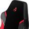 Fotel gamingowy w kolorze czarnym z czerwonymi wstawkami. Na górnej części oparcia znajduje się czerwone logo w kształcie płomienia.
