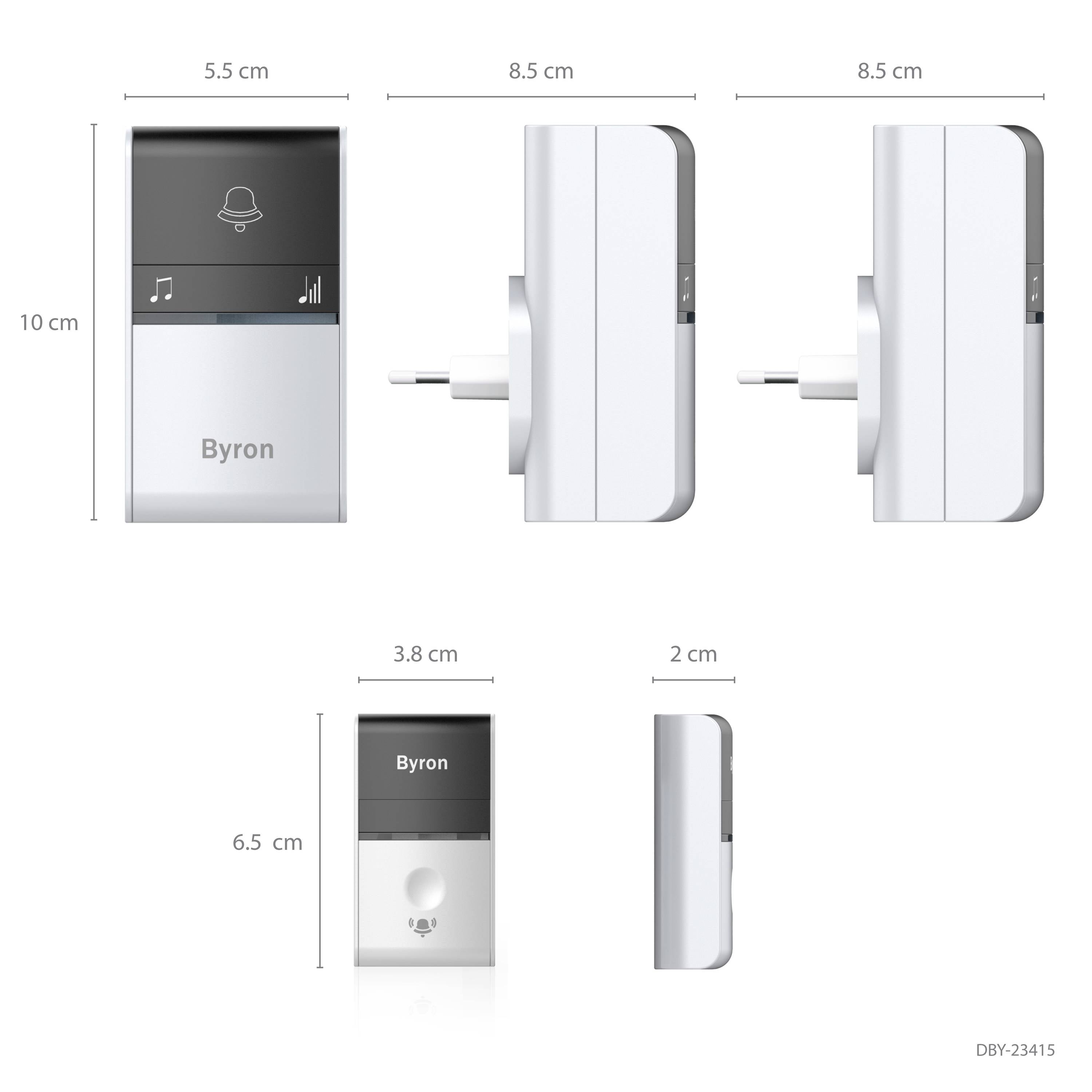 Bezprzewodowy zestaw dzwonka z odbiornikiem wtykowym. Widok z przodu: przycisk dzwonka, regulator głośności. Widok z boku przedstawia wymiary.