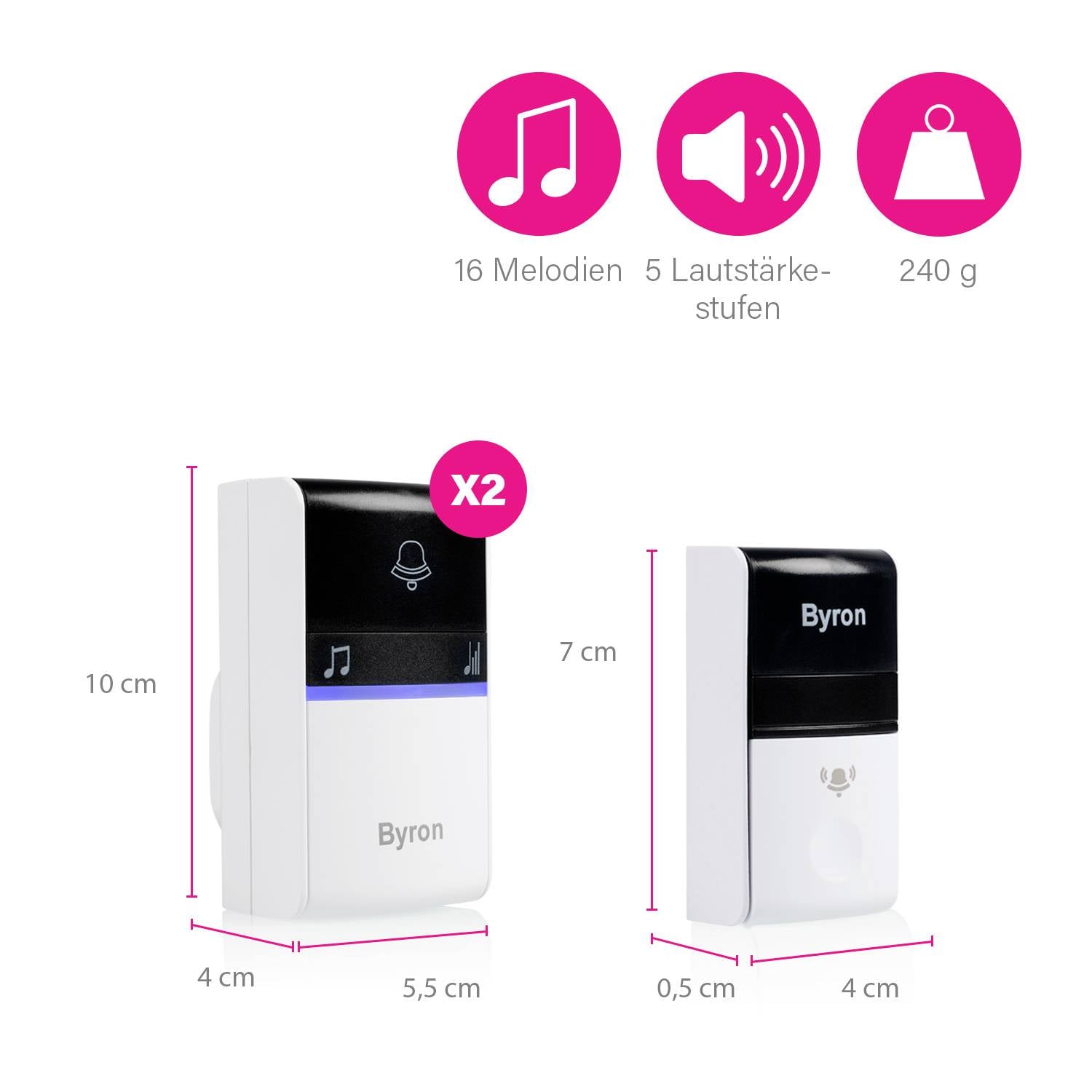 Zestaw radiowy z gongiem, nadajnikiem i odbiornikiem. Dwa urządzenia: nadajnik (7 cm) i odbiornik (10 cm). 16 melodii, 5 poziomów głośności, 240 g.
