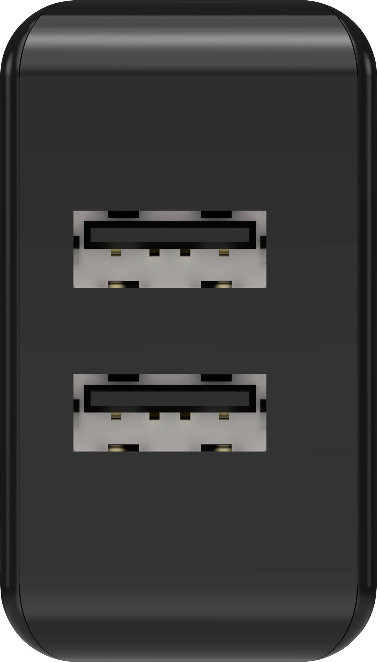 Czarne urządzenie z dwoma złączami USB ułożonymi jeden nad drugim, prawdopodobnie ładowarka lub adapter.