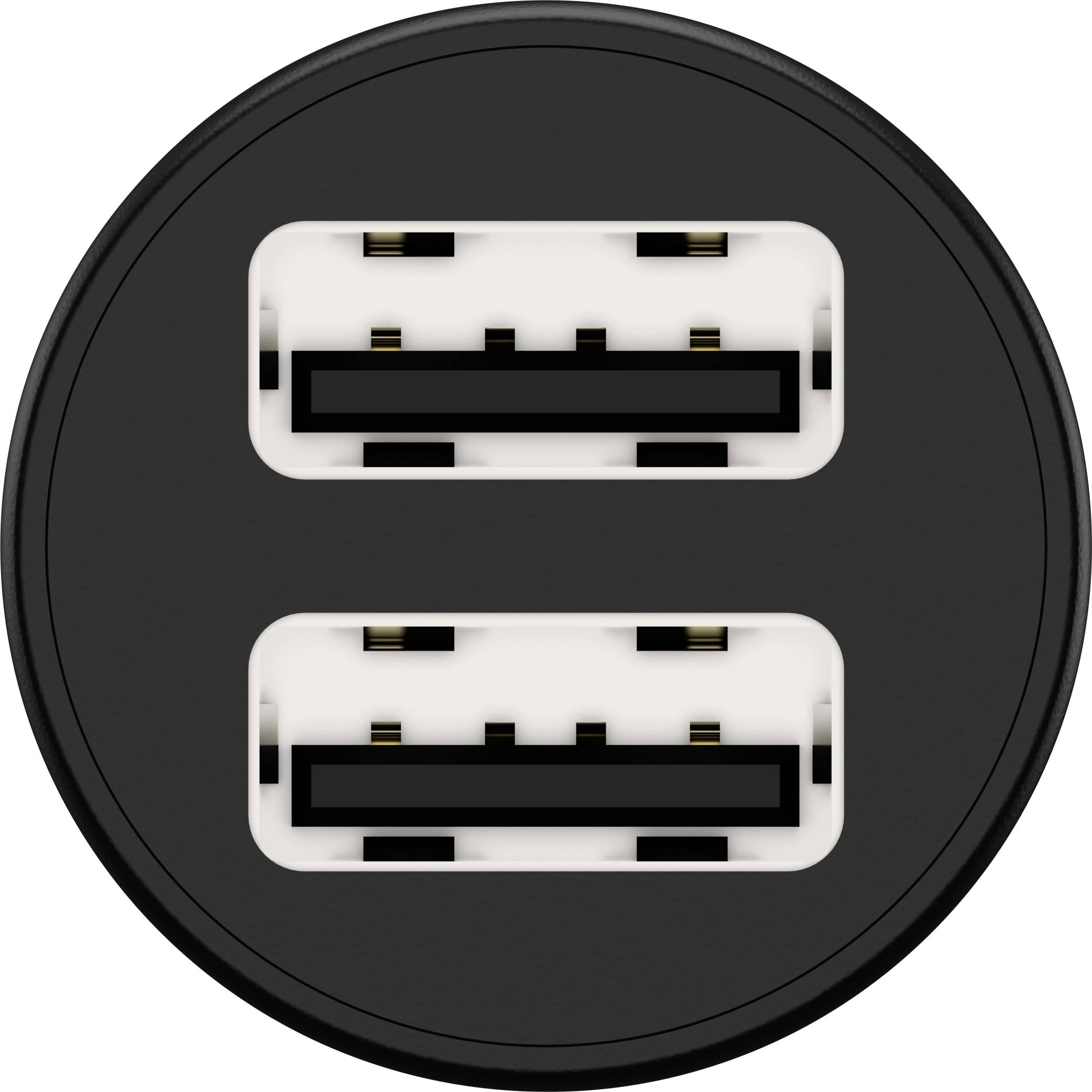 Okrągły adapter z dwoma złączami USB obok siebie, przydatny do ładowania urządzeń lub przesyłania danych.