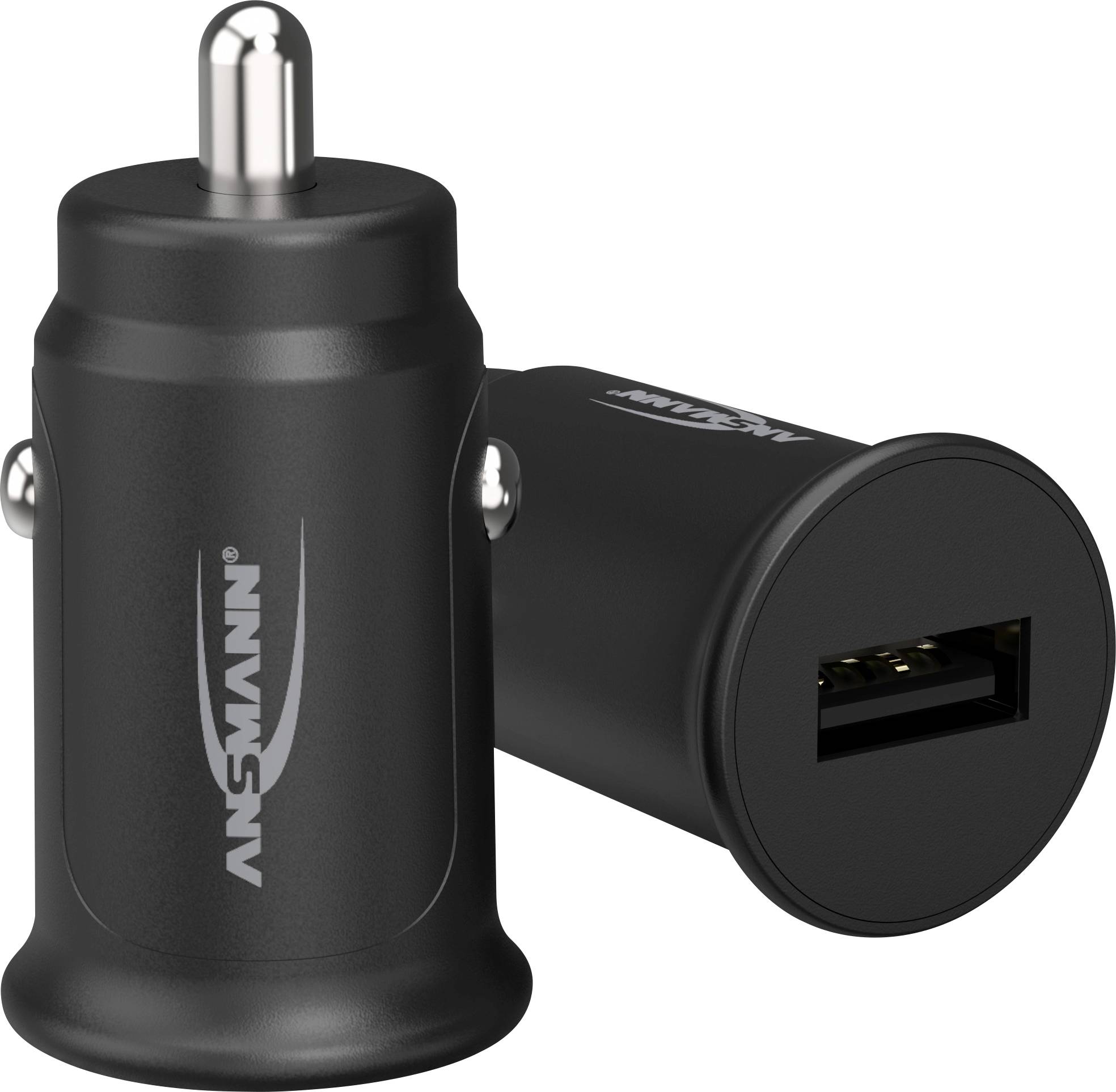 Czarna ładowarka samochodowa marki Ansmann z portem USB, idealna do ładowania urządzeń podczas jazdy.