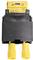 Przełącznik z żółtą dźwignią, czarną obudową i dwiema żółtymi złączkami od dołu. Na górze widoczne są liczby i symbole.