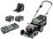 Kosiarka akumulatorowa Metabo, w zestawie z dwoma akumulatorami, ładowarką i koszem na trawę. Odpowiednia do bezprzewodowego koszenia trawników.