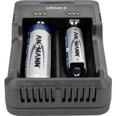 Ładowarka do baterii z dwoma bateriami AA, jedna w pełni naładowana, druga w trakcie ładowania. Na górze widnieje napis 'Lithium 2'.