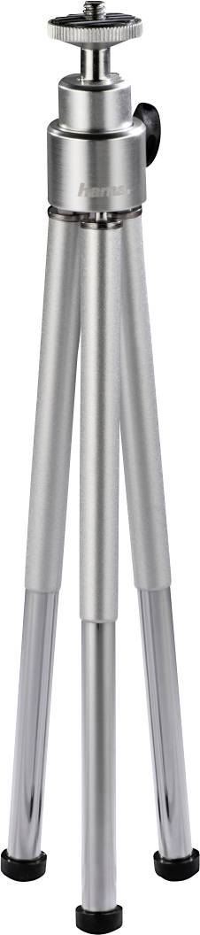 Srebrny, trójnożny statyw z czarną głowicą. Odpowiedni dla aparatów fotograficznych lub podobnych urządzeń.