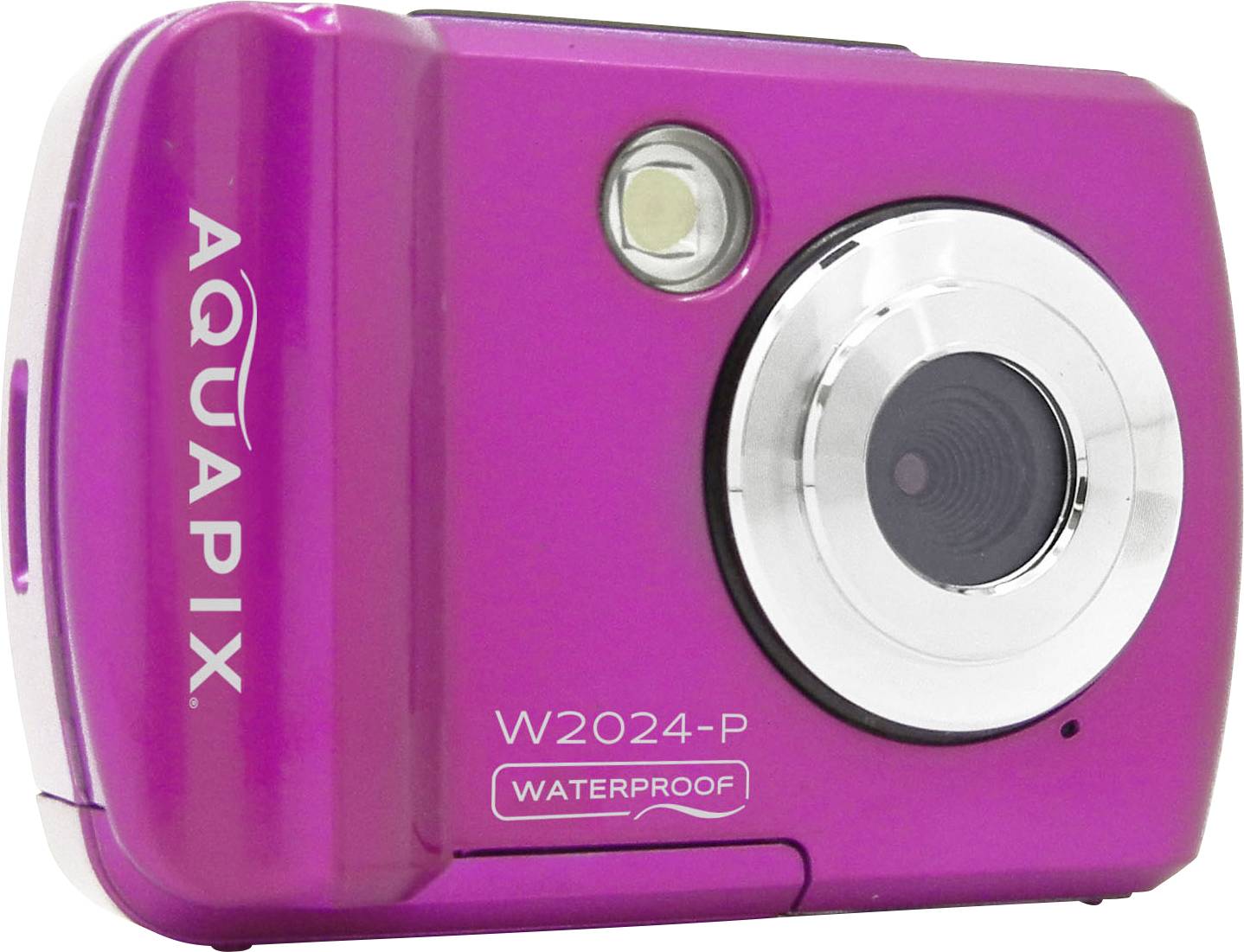 Różowy, wodoodporny aparat cyfrowy z lampą błyskową i obiektywem. Na aparacie widnieje napis 'Aquapix W2024-P Waterproof'.