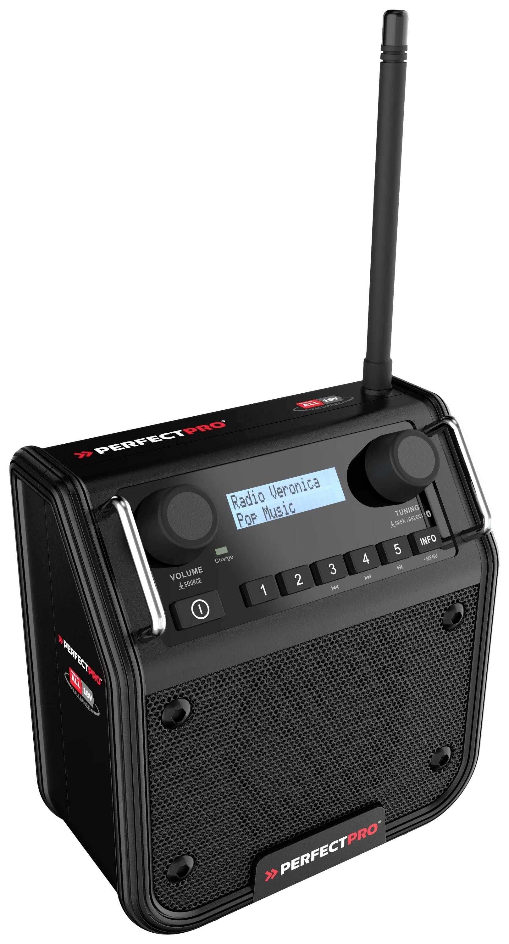 Будівельне радіо PerfectPro DABPRO DAB+, метрові хвилі (VHF), ударостійке, бризкозахищене, пилонепроникне, чорний колір