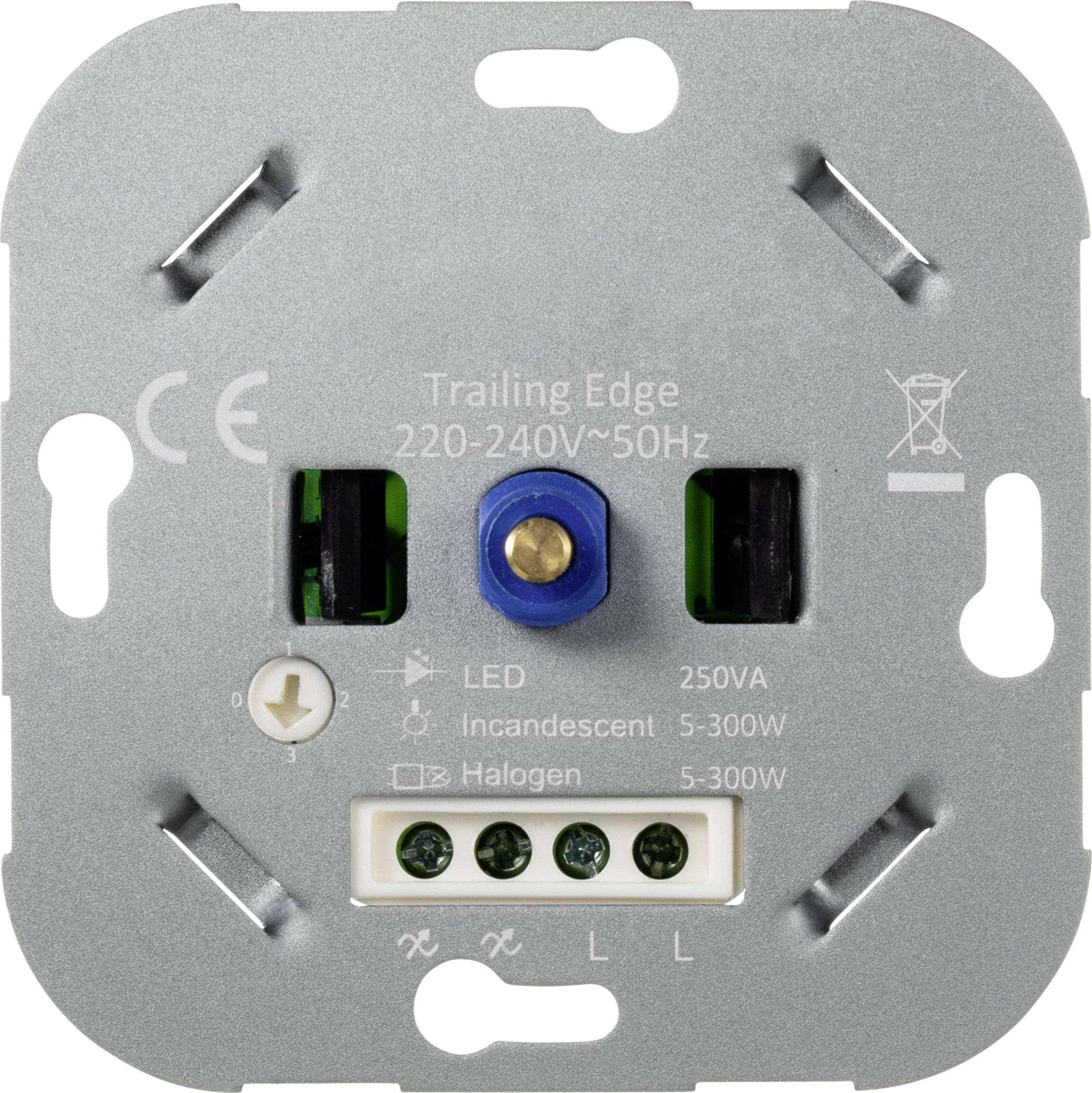 Tylna strona ściemniacz z parametrami napięcia '220-240V~50Hz', kompatybilny z żarówkami LED, żarówkami tradycyjnymi oraz halogenowymi.