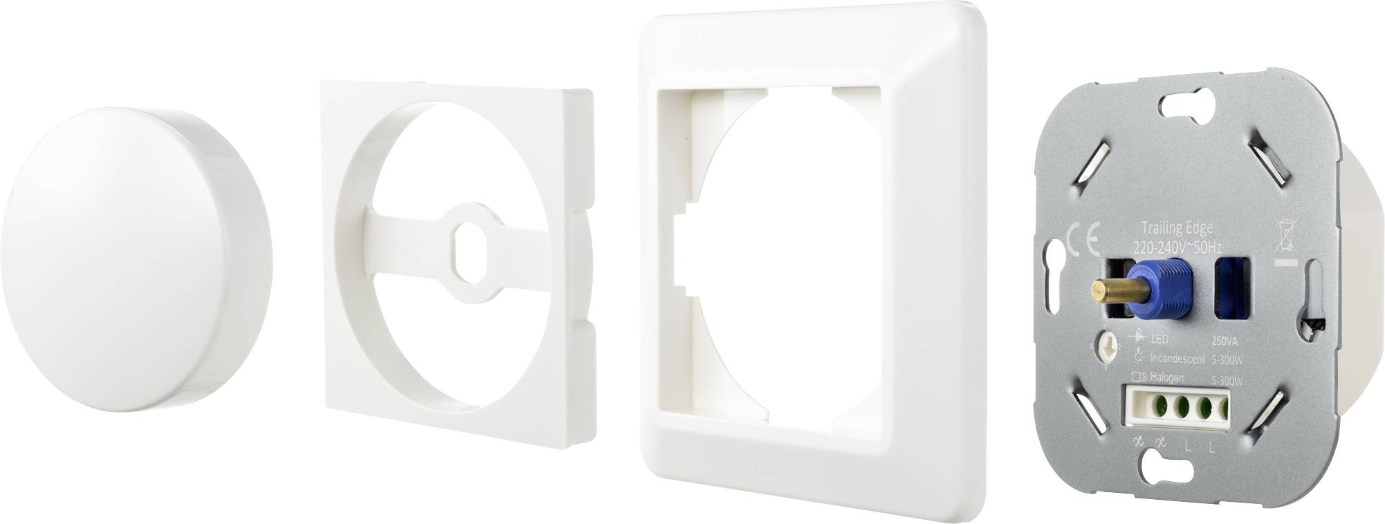 Gniazdo elektryczne bez osłony, obok niego osłona i ramka. Elementy są ułożone w jednej linii.