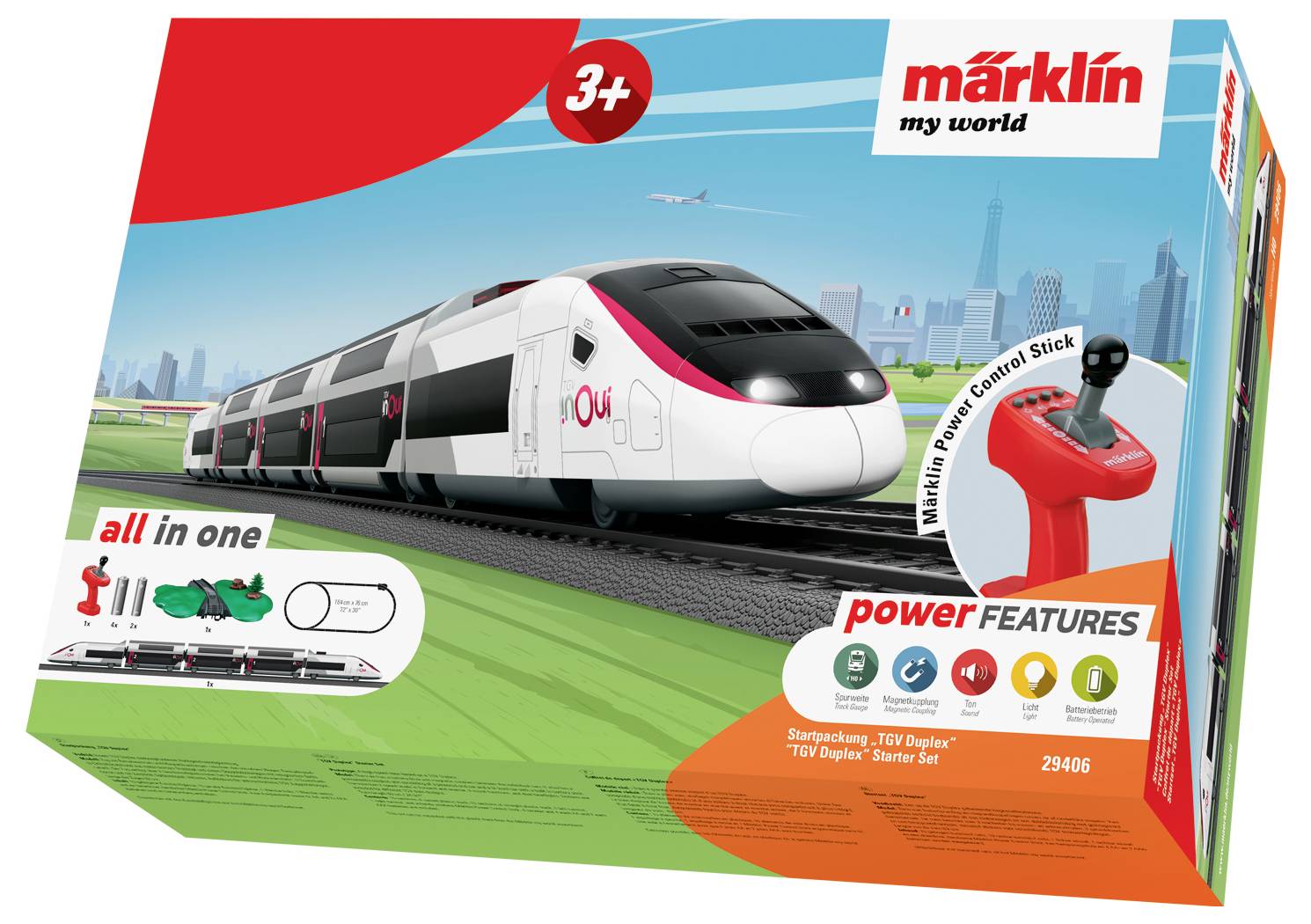 Zabawkowy pociąg 'Märklin my world' dla dzieci od 3 lat. Zawiera pociąg, tory i pilot zdalnego sterowania. Opakowanie prezentuje pociąg na torach.