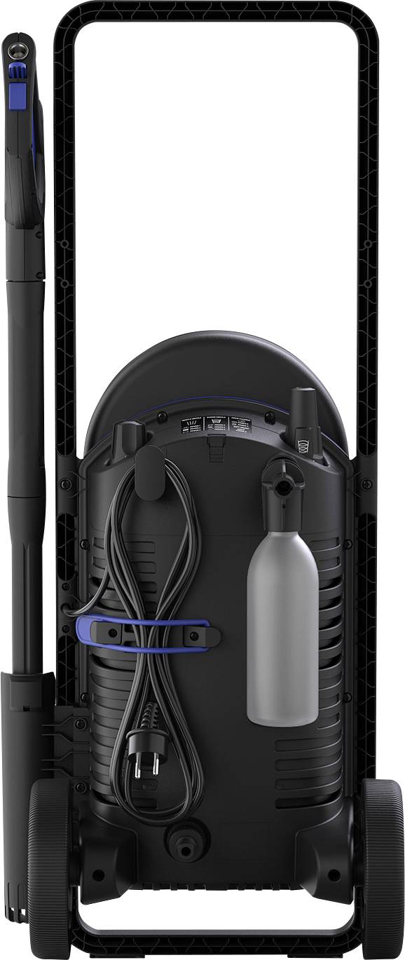 Widok z tyłu myjki ciśnieniowej na kółkach, z ułożonym porządnie przewodem i wężem, przymocowanym do zintegrowanej ramy uchwytu.