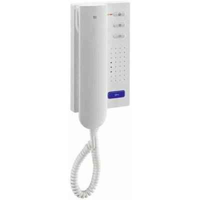 Biały telefon domofonowy z mikrotelefonikiem i przewodem, trzema przyciskami i otworami głośnika na podstawie.