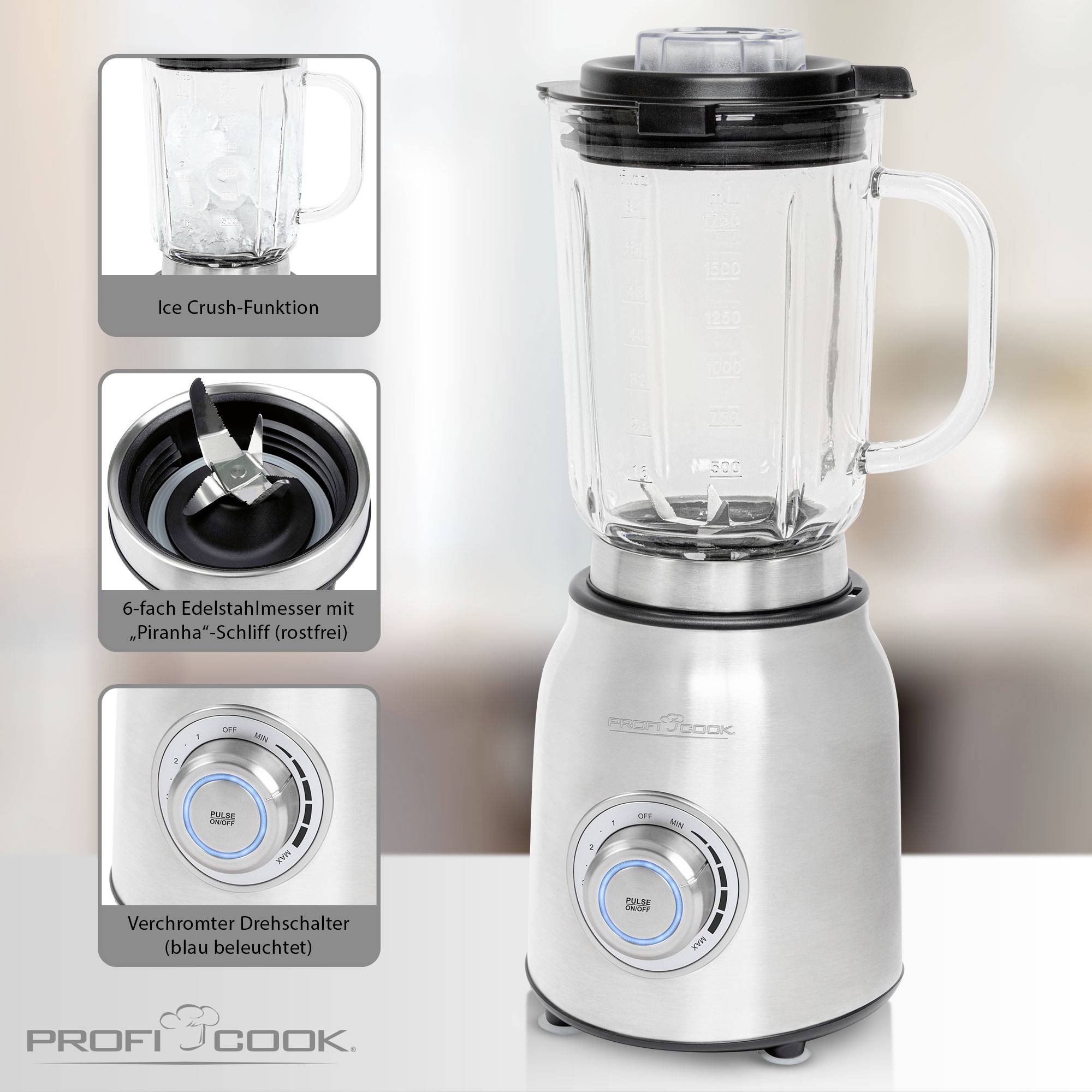 Blender ze stali nierdzewnej ze szklanym pojemnikiem, funkcją kruszenia lodu, 6-ramiennymi stalowymi ostrzami i podświetlanym pokrętłem.