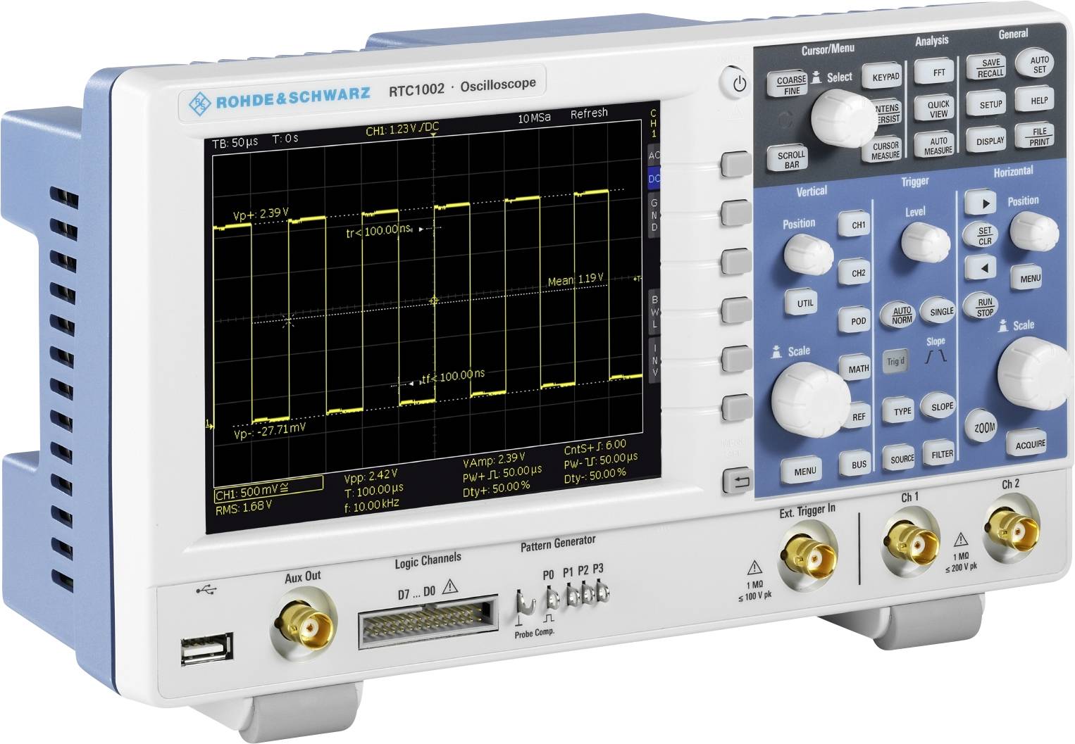 Elektroniczny oscyloskop z ekranem, wyświetlający diagram sygnału z ekscytującymi szczytami i wartościami. Urządzenie z licznymi regulatorami i złączami.