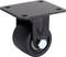 Czarne kółko jezdne z metalową płytką i śrubą mocującą, stosowane w meblach lub urządzeniach transportowych.