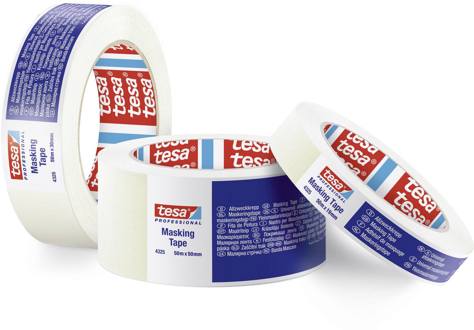 Trzy rolki taśmy malarskiej marki 'tesa', ułożone w różnych pozycjach. Etykiety przedstawiają różne języki.