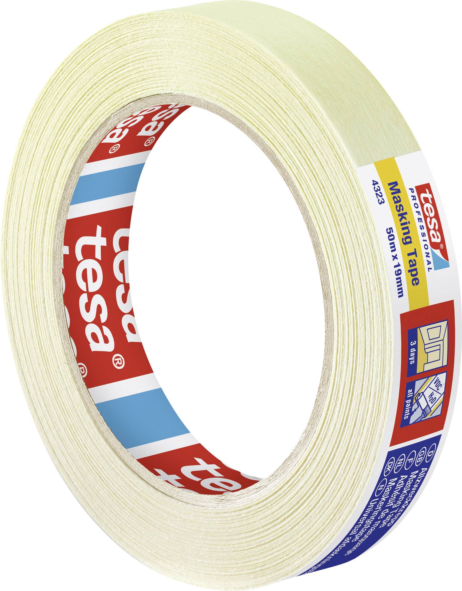 Rolka taśmy klejącej z papierem żółtobrązowym. Na etykiecie widnieje napis 'tesa', odpowiednia do prac maskujących.