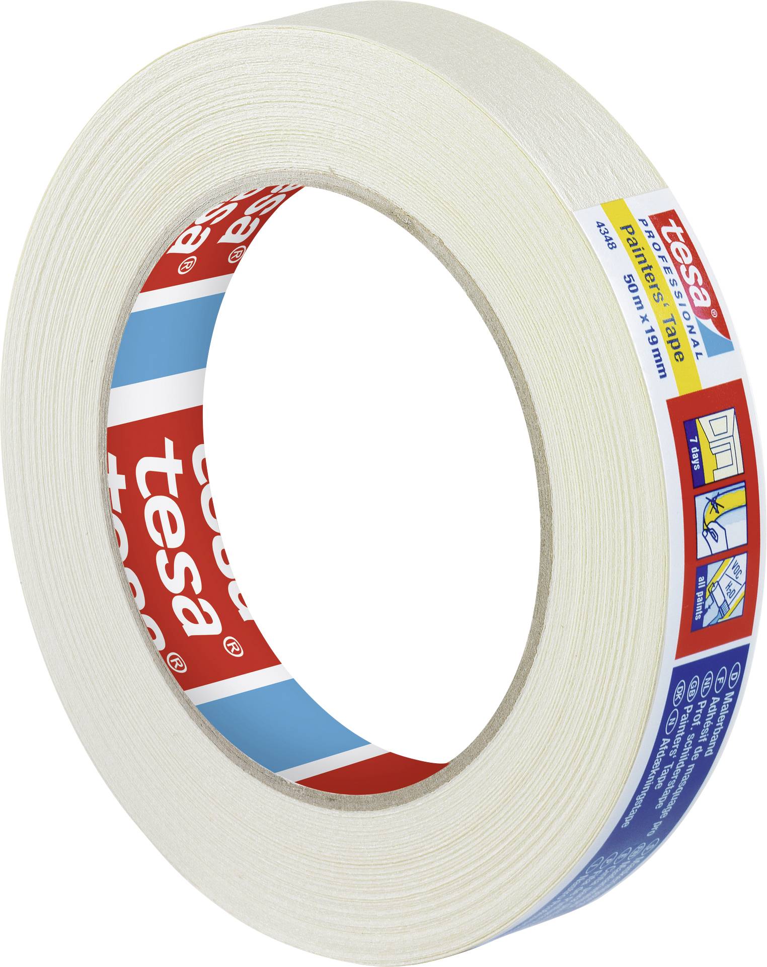 Rolka taśmy klejącej, marka 'tesa', w kolorze beżowo-białym, z etykietą opakowania. Nadaje się do sklejania, majsterkowania i prac malarskich.