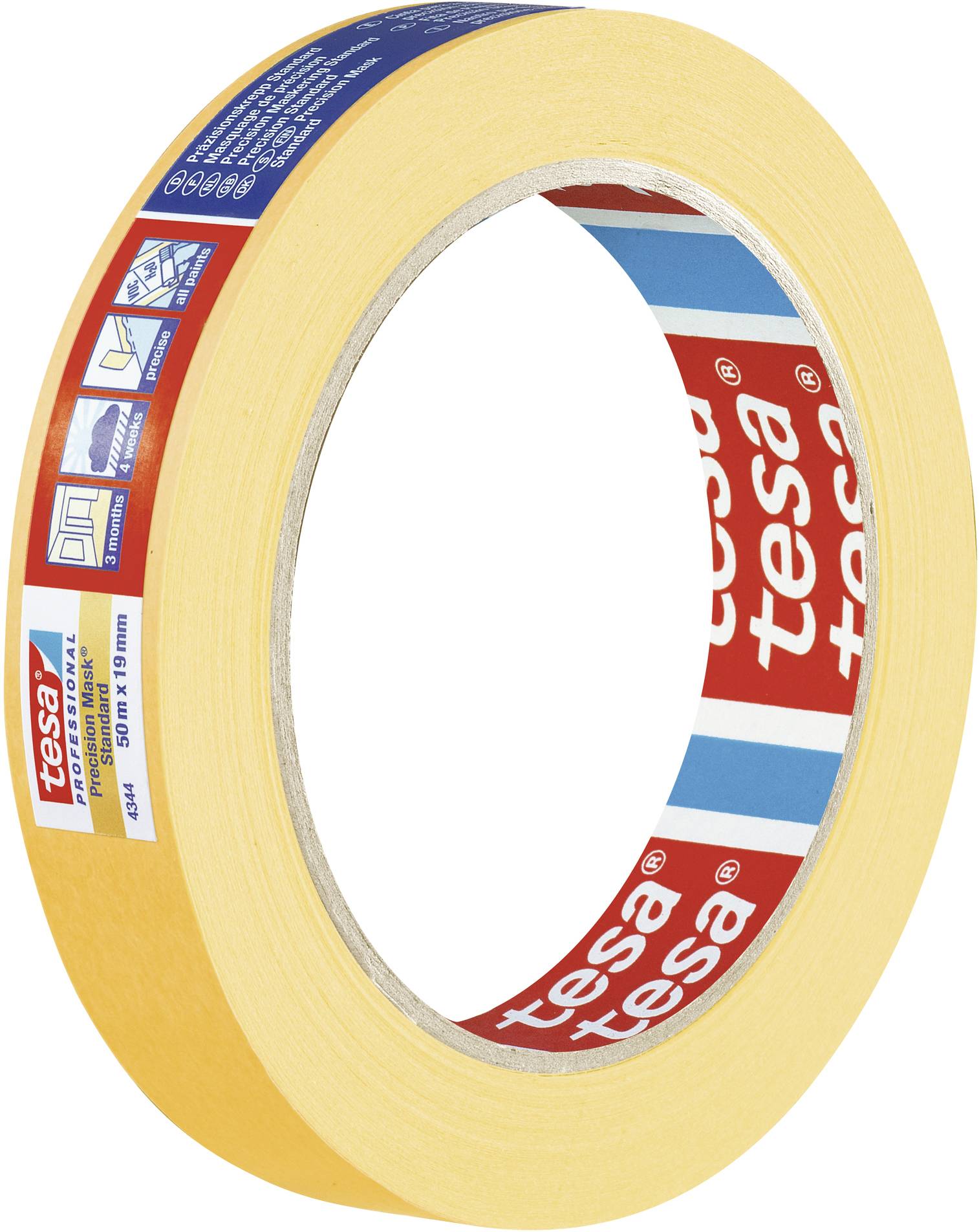 Rolka żółtej taśmy samoprzylepnej marki Tesa z czerwonymi i niebieskimi etykietami, używana do prac malarskich i maskujących.
