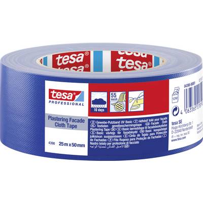 Niebieska taśma tkaninowa marki Tesa Professional do prac remontowych, 25 m x 50 mm. Odporna na warunki atmosferyczne, przylega do powierzchni nawet do 10 dni.