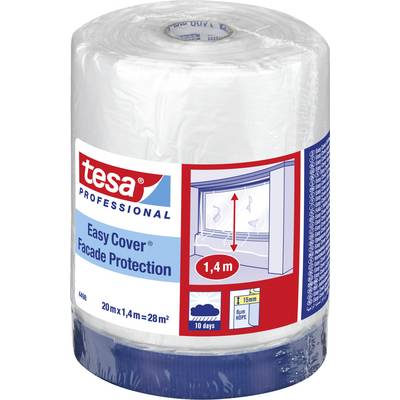 Opakowanie produktu 'tesa Easy Cover Facade Protection', przedstawiające ilustrację zastosowania na elewacji, wymiary: 20m x 1,4m.